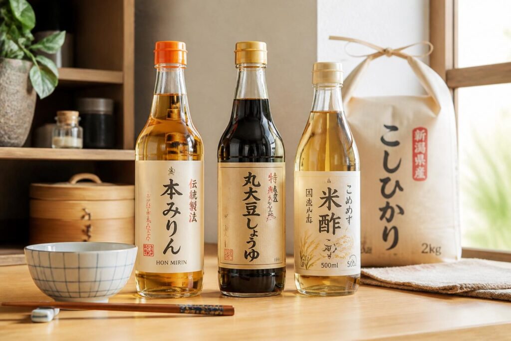 découvrez les incontournables du placard japonais avec le mirin, la sauce soja et le vinaigre de riz, essentiels pour réussir toutes vos recettes asiatiques.